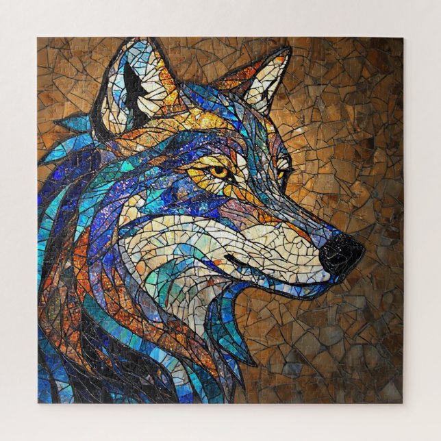Quebra-cabeça Lobo com Peças de Vidro Coloridas Vibrantes (Vertical)