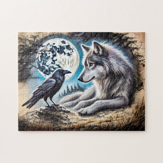 Quebra-cabeça Lobo e Corvo em Rocha sob Lua Cheia (Horizontal)
