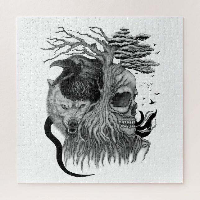 Quebra-cabeça Lobo e Raven com crânio (Vertical)
