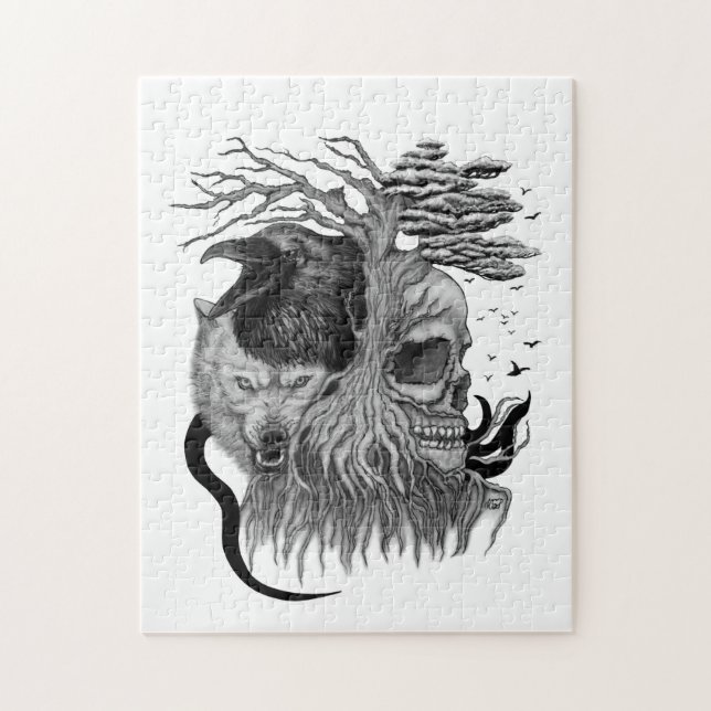 Quebra-cabeça Lobo e Raven com crânio (Vertical)