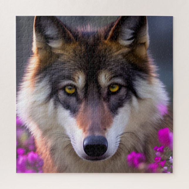 Quebra-cabeça Lobo jovem em flores rosa fúcsia (Vertical)