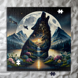Quebra-cabeça Lobo Místico Howling na Arte Ai Surreal da Lua