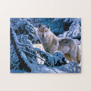 Quebra-cabeça Lobo na pintura da floresta de inverno