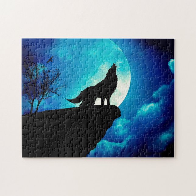Quebra-cabeça Lobo na silhueta uivando até a lua de cheio (Horizontal)
