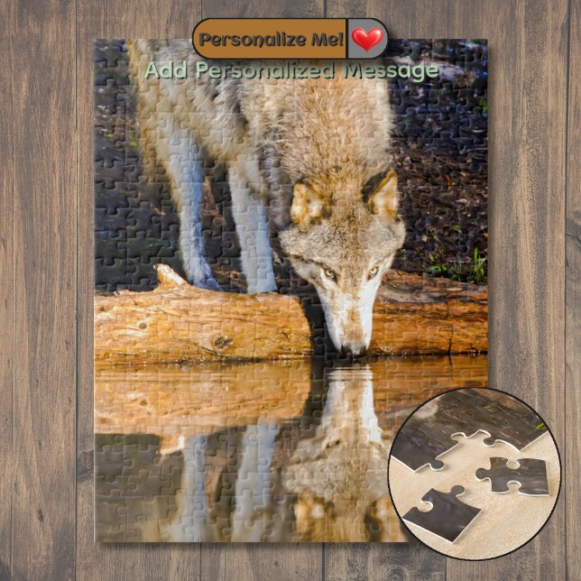 Quebra-cabeça Lobo Solitário Reflexo no Lago Puzzle Quebra-Cabeç (Lone Wolf Reflection in Pond Jigsaw Puzzle)