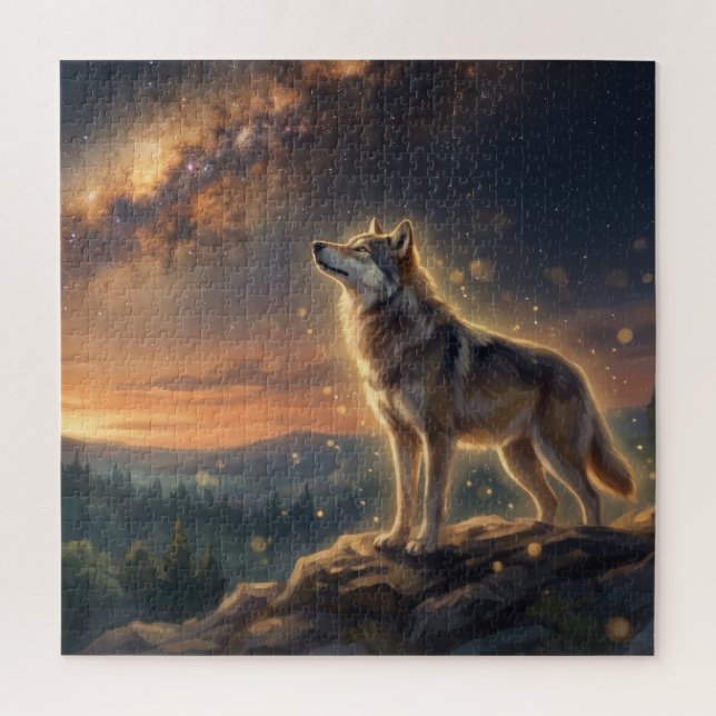 Quebra-cabeça Lobo Solitário Sob o Céu Estrelado da Via Láctea (Vertical)