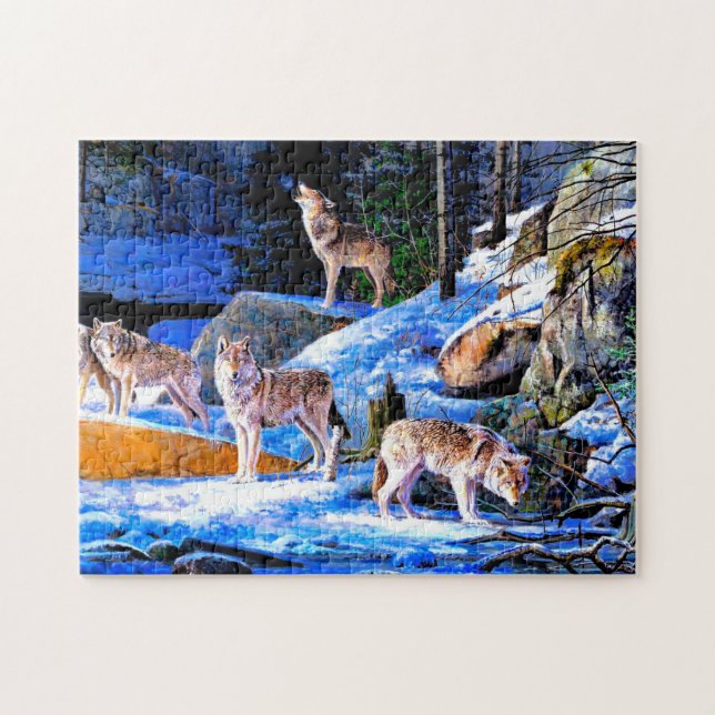Quebra-cabeça Lobos em pintura de neve (Horizontal)