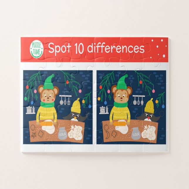 Quebra-cabeça Local de Natal 10 Diferenças Urso Pinguim Crianças (Horizontal)