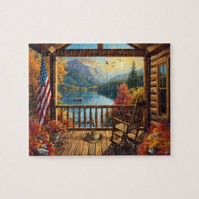 Quebra-cabeça Log Cabin Porch Autumn Mountain Lake View (Horizontal)
