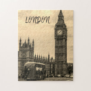 Quebra-cabeça Londres Inglaterra Big Ben Vintage Black White Bus