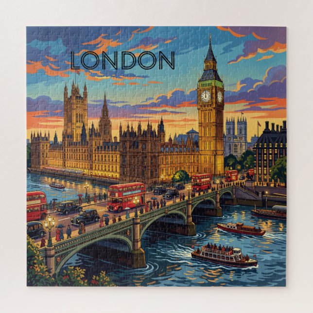 Quebra-cabeça Londres Inglaterra Viagem Arte Vintage  (Vertical)