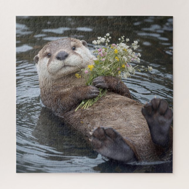 Quebra-cabeça Lontra Flutuando com Buquê de Flores Silvestres (Vertical)
