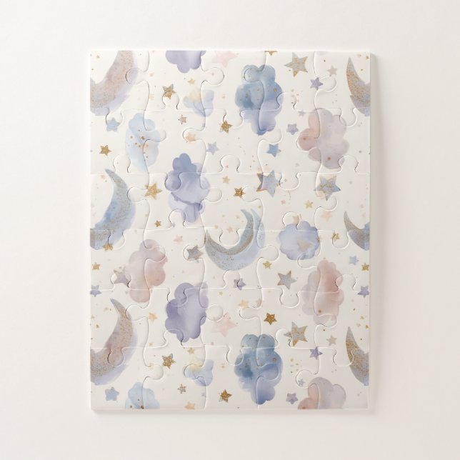 Quebra-cabeça Lua Celestial Estrelas Nuvens Aquarela Pastéis (Vertical)