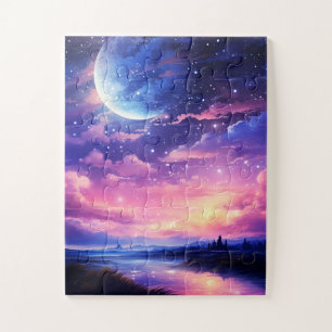Quebra-cabeça Lua cheia celestial nuvens Roxo Místico