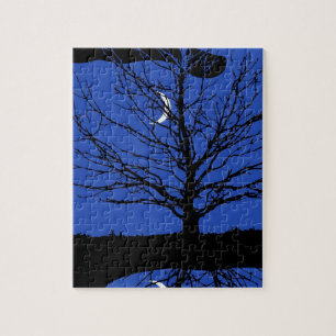 Quebra-cabeça Lua com árvore, azul cobalto, preto e branco