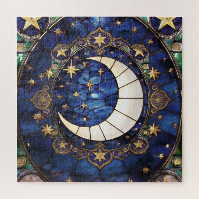 Quebra-cabeça Lua Crescente Celestial Ornada com Vitral (Vertical)