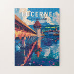 Quebra-cabeça Lucerne Suiça Art Vintage<br><div class="desc">Viagem de vetor retrovetor de luzerna. Lucerna,  uma cidade compacta de Suiça conhecida por sua arquitetura medieval preservada,  fica no meio de montanhas com capas de neve no lago Lucerne.</div>