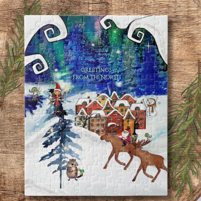 Quebra-cabeça Luzes Boreais Caprichosas & Aldeia de Inverno  (Whimsical Boreal Lights & Winter Village Jigsaw Puzzle)