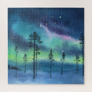 Quebra-cabeça Luzes de norte, paisagem de aquarela