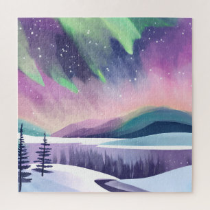 Quebra-cabeça Luzes do Norte Noite de Inverno Colorida Aquarel