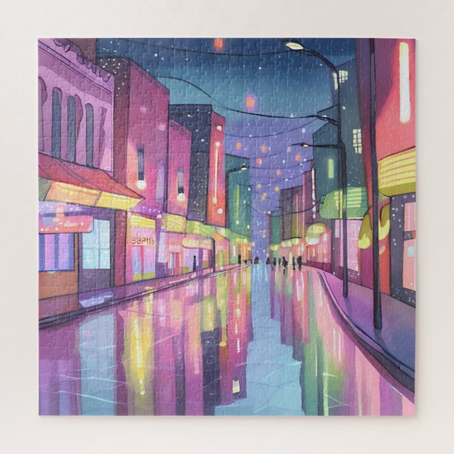 Quebra-cabeça Luzes Noturnas da Cidade Lofi | Aquarela Colorida (Vertical)