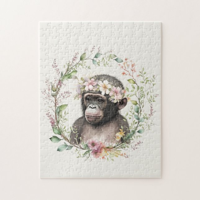 Quebra-cabeça macaco bebê boho com flor silvestre (Vertical)