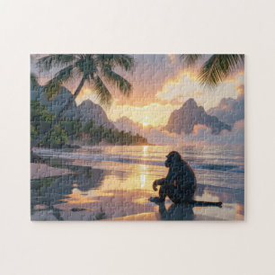 Quebra-cabeça Macaco observando o pôr do sol na praia