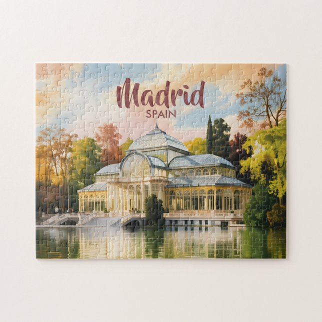 Quebra-cabeça Madrid Espanha Palacio de Cristal Aquarela Viagem (Horizontal)