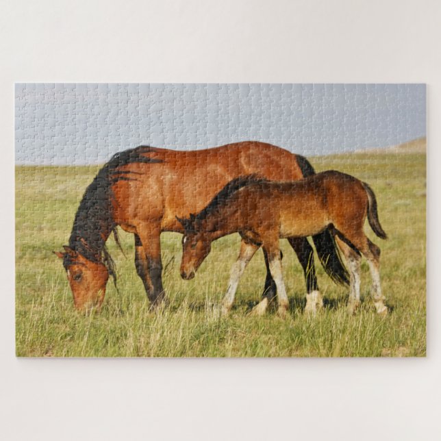 Quebra-cabeça Mãe de cavalo selvagem e potro pastando (Horizontal)