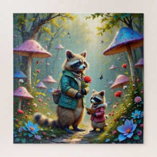 Quebra-cabeça Mãe e Criança Raccoon a caminho de uma festa