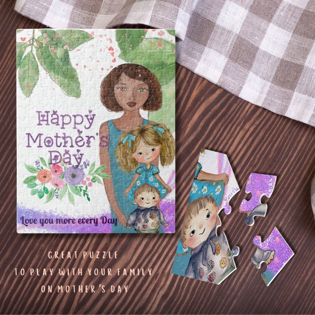 Quebra-cabeça Mãe Whimsic com filhos | Dia das Mães (Whimsical Mother with kids  Mother's Day Jigsaw Puzzle)