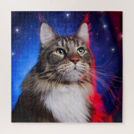 Quebra-cabeça Maine Coon Cat Com Azul Branco Vermelho Aura E Est