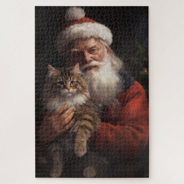 Quebra-cabeça Maine Coon com Papai Noel Natal Festivo (Vertical)
