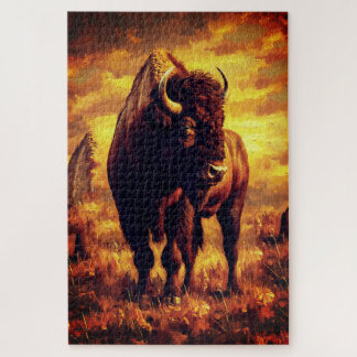 Quebra-cabeça Majestic Bison Oil Painting – Wild Prairie Sunset