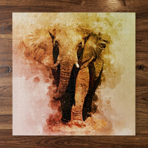 Quebra-cabeça Majestoso Elefante Africano Macho Andando Aquarela