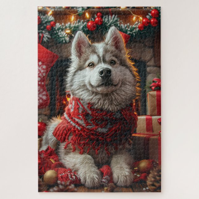 Quebra-cabeça Malamute do Alasca com Presentes de Natal na Larei (Vertical)
