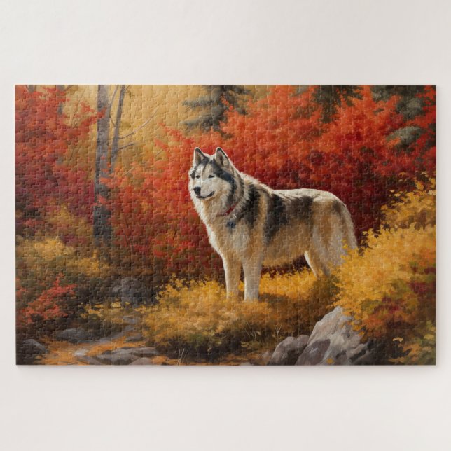 Quebra-cabeça Malamute do Alasca  em Folhas de Outono Caem Inspi (Horizontal)