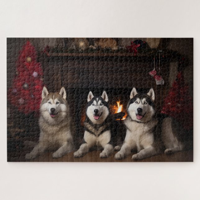 Quebra-cabeça Malamute do Alasca junto à Lareira Natal (Horizontal)