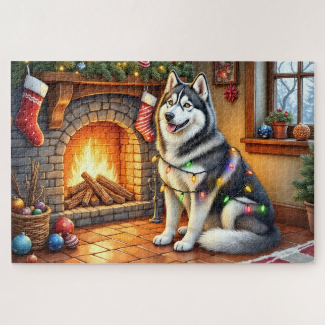 Quebra-cabeça Malamute do Alasca Lareira com Luzes de Natal (Horizontal)
