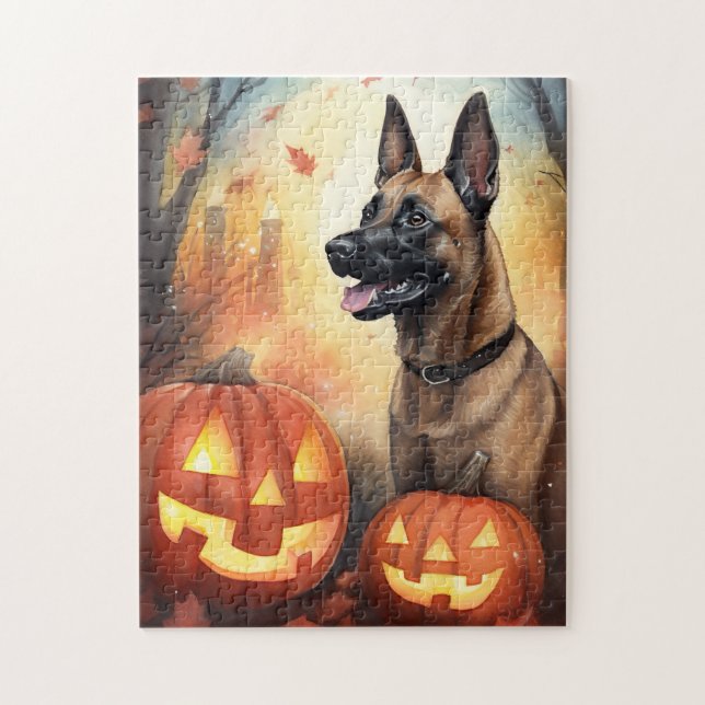 Quebra-cabeça Malinoi Belga Halloween Com Pumpkins Assustado (Vertical)