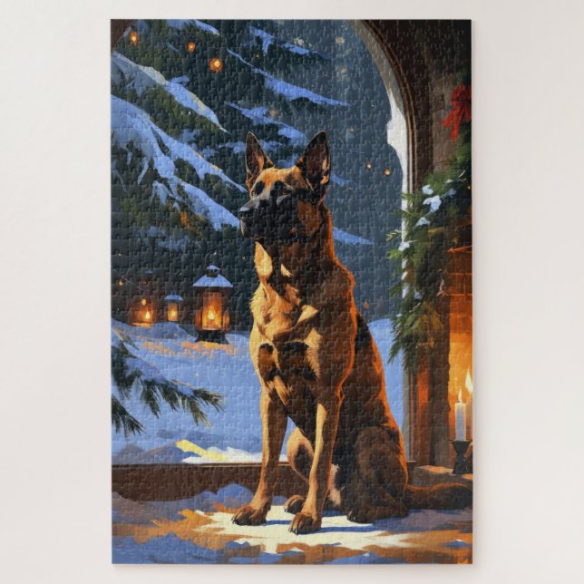 Quebra-cabeça Malinois Belga com Luzes de Natal Férias  (Vertical)