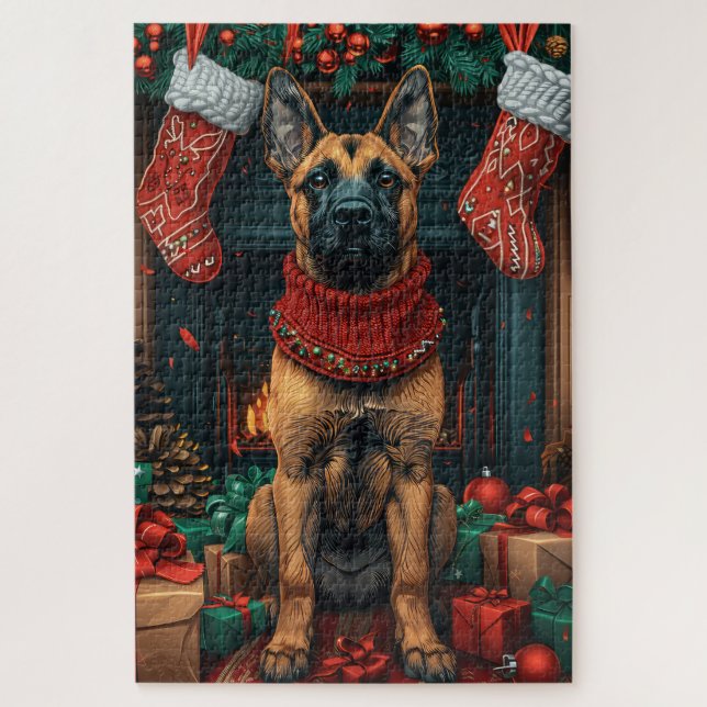 Quebra-cabeça Malinois Belga com Presentes de Natal na Lareira  (Vertical)