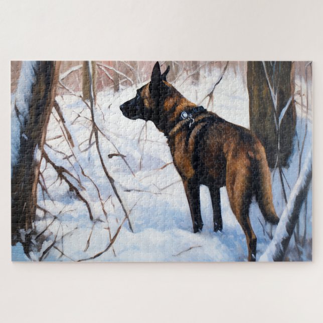 Quebra-cabeça Malinois Belga Deixar Neve Natal (Horizontal)