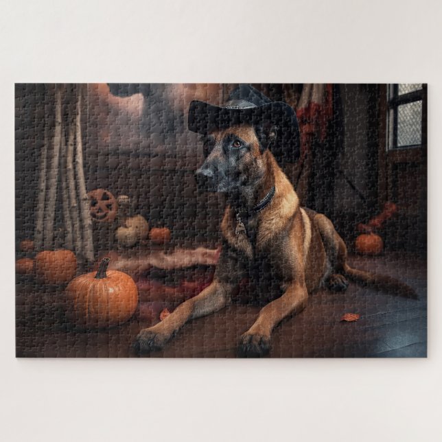 Quebra-cabeça Malinois Belgas Abóboras de Halloween Assustadoras (Horizontal)