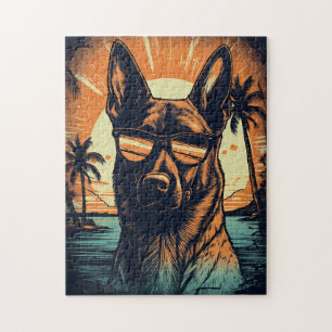 Quebra-cabeça Malinois belgas numa praia tropical durante o pôr