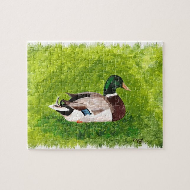 Quebra-cabeça Mallard Duck Sentado na Pintura de Grass, Quebra-c (Horizontal)
