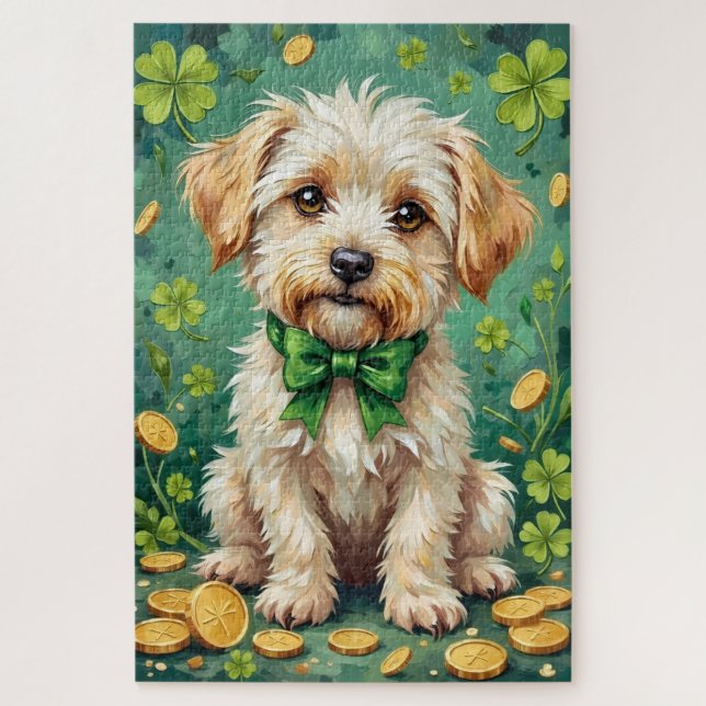 Quebra-cabeça Maltês Dia de São Patrício Cachorro Sortudo Fofo (Vertical)