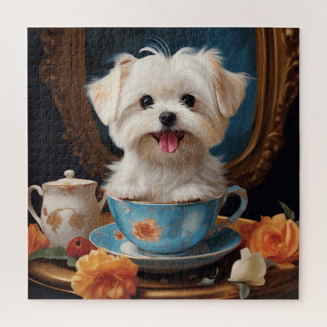 Quebra-cabeça Maltês sentado em um Teacup Vintage (Vertical)