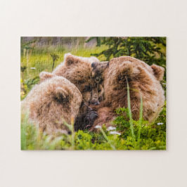 Quebra-cabeça Mamãe urso cuidando de seus dois filhotes, Lago Cl