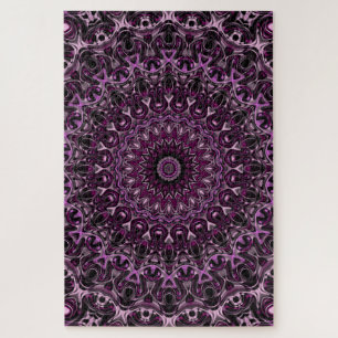 Quebra-cabeça Mandala de Rosa Rosa e Preta com Geometria Floral